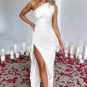 Memoriesea Women's Sexy One Shoulder High Split Cocktail Wedding Party Maxi Dress (White, S)