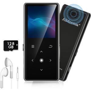 128GB MP3 Player with Bluetooth 5.2, AiMoonsa Music Player with Built-in HD Speaker, FM Radio, Voice Recorder, HiFi Sound, E-Book Function, Earphones Included