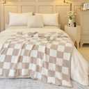 Ultra Soft Cozy Checkered Knitted Throw Blanket Fluffy Microfiber Checkerboard Bed Blanket Lightweight Both Sides Blanket for Couch Sofa Bed (Cream, Throw 50x60)