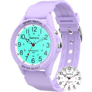SOCICO Watch for Men Women Big Face Classic Analog Quartz Sports Backlight Unisex Waterproof Nurse Watch for Medical Army Military Time with Second Hand Easy to Read Casual Wristwatch (Purple)