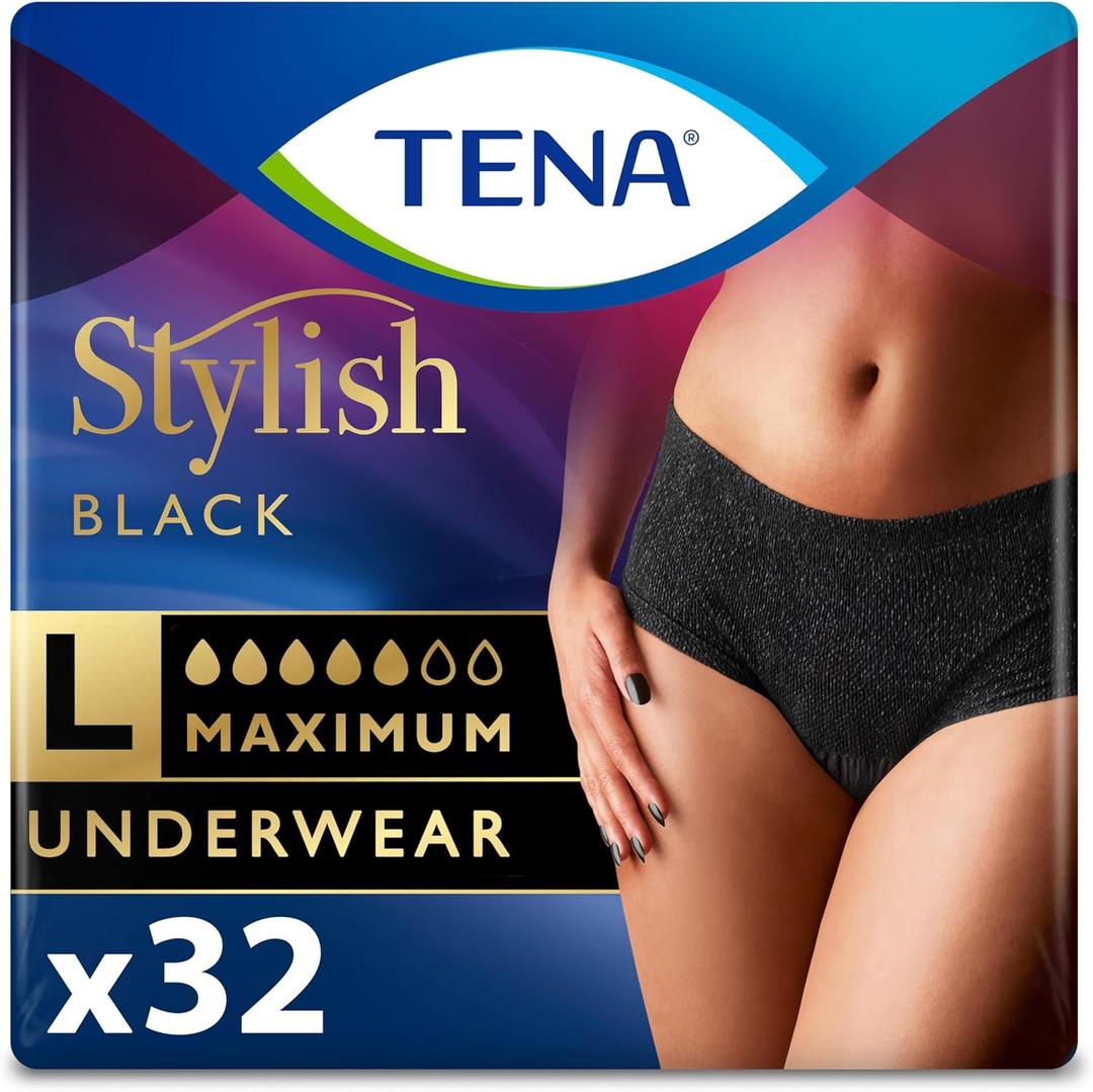 Tena Stylish Black Incontinence Underwear for Women, Maximum Absorbency, Large, 32 ct (2 Packs of 16)