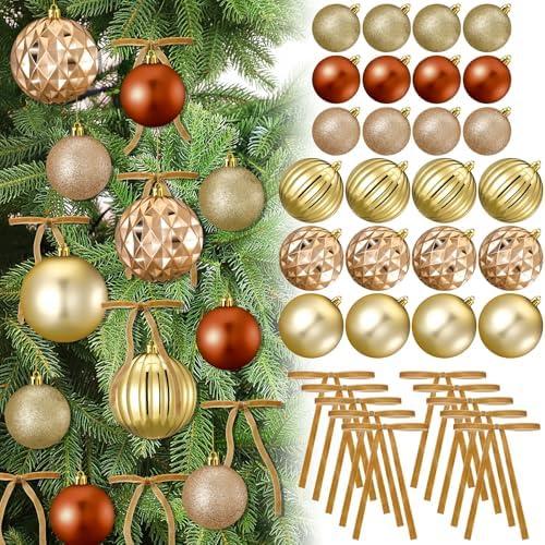 Lyrow 48 Pcs Bronze Copper Gold Christmas Ball Ornaments with Velvet Bows Set 24ct 3.15'' and 2.36'' Shatterproof Christmas Ornaments and 24 Pcs Xmas Tree Bows for Xmas Tree Stairs Holiday Party Decor