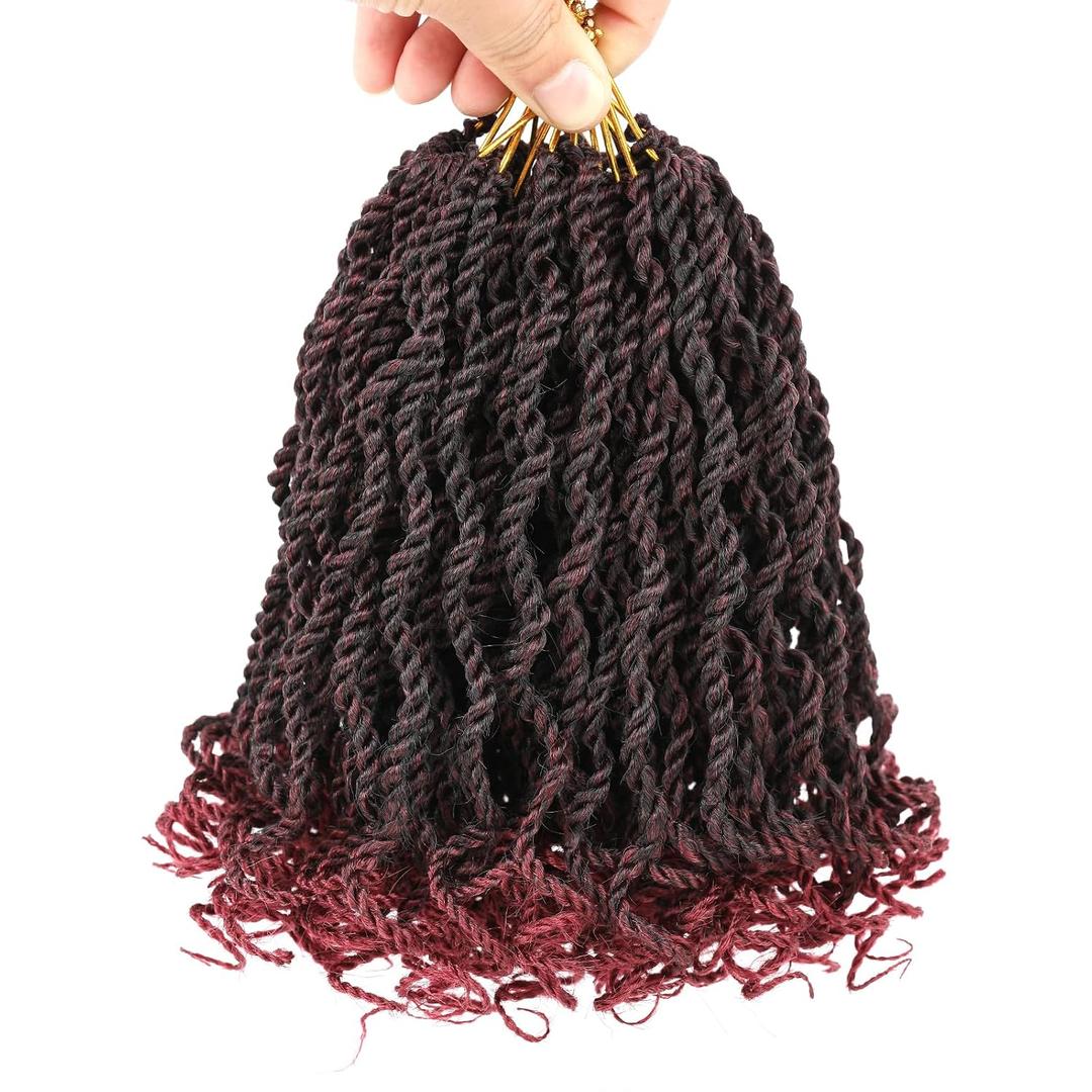 Leeven 8 Inch Burgundy Senegalese Twist with Curly Ends 8 Packs Ombre Red Hanava Twist Crochet Hair Pre Twisted Short Kinky Twsit Pre Looped Synthetic Crochet Braids for Women