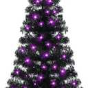 Juegoal Lighted Artificial Halloween Black Christmas Tree, 4FT Black Tinsel Pine Tree with 70 LED Purple Lights, 8 Modes & Timer for Home Party Decorations