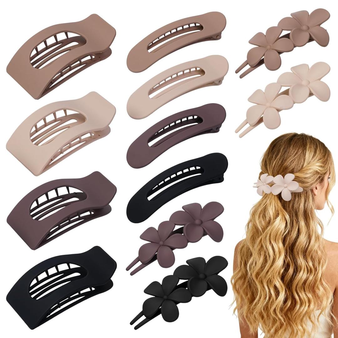 12 Pack Flat Hair Clips for Women Matte Neutral Square Claw Clips, Flat Barrettes & Flower Pins in Black, Blonde, Light Brown & Dark Brown, Soft Touch Hair Accessories for Thick & Thin Hair