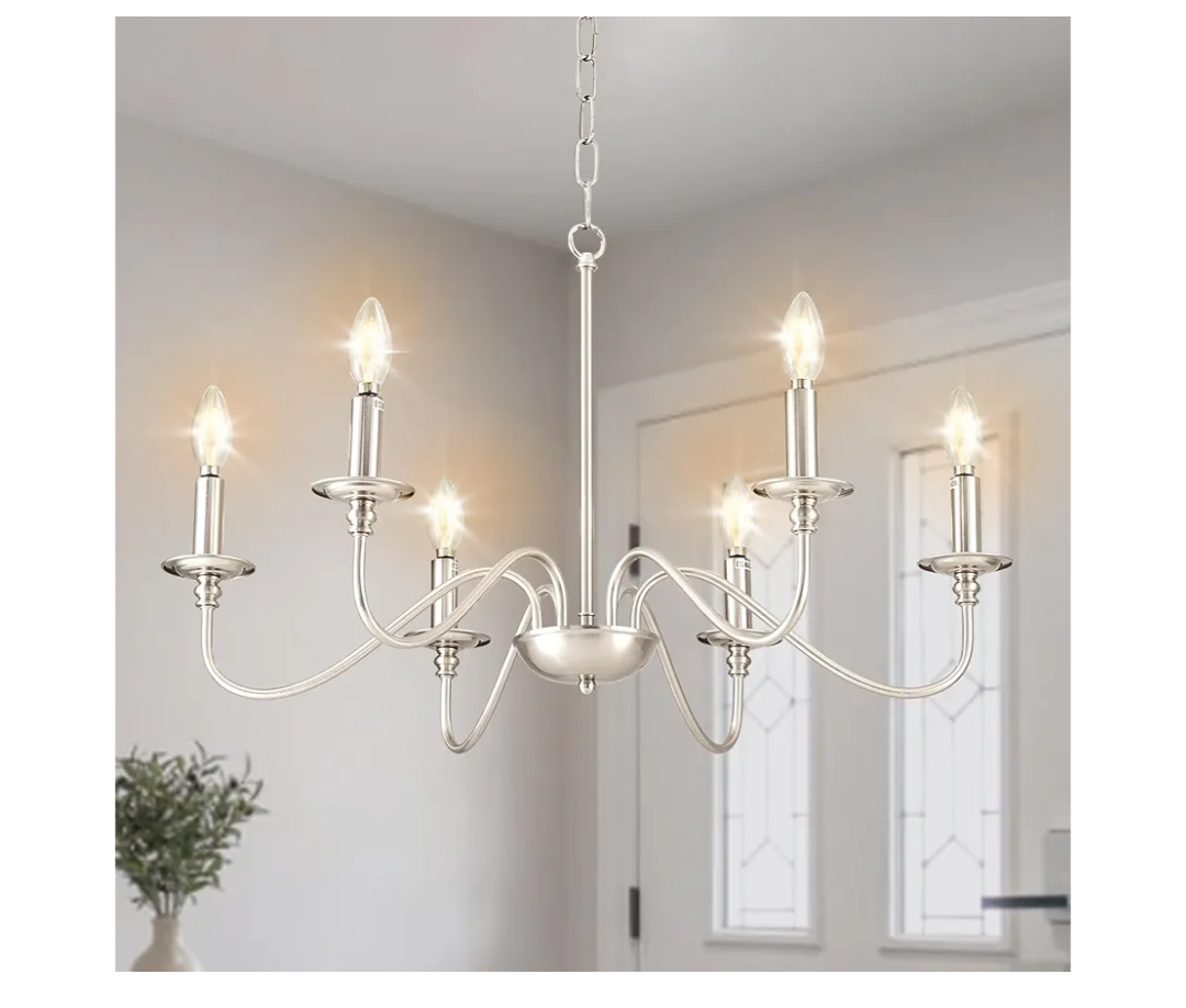 Depuley Modern Chandelier for Dining Room: 6-Light Brushed Nickel Farmhouse Hanging Ceiling Pendant Light Fixture for Kitchen Island - Industrial Vintage Candle Chandeliers for Living Room