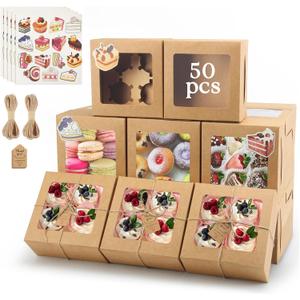 OAMCEG 50 Pack Cupcake Boxes with Window, 6x6x3 Inches Brown Cookie Bakery Treat Boxes with Stickers & Twine for Pastry, Desserts, Strawberries, Cupcakes, Gift Giving