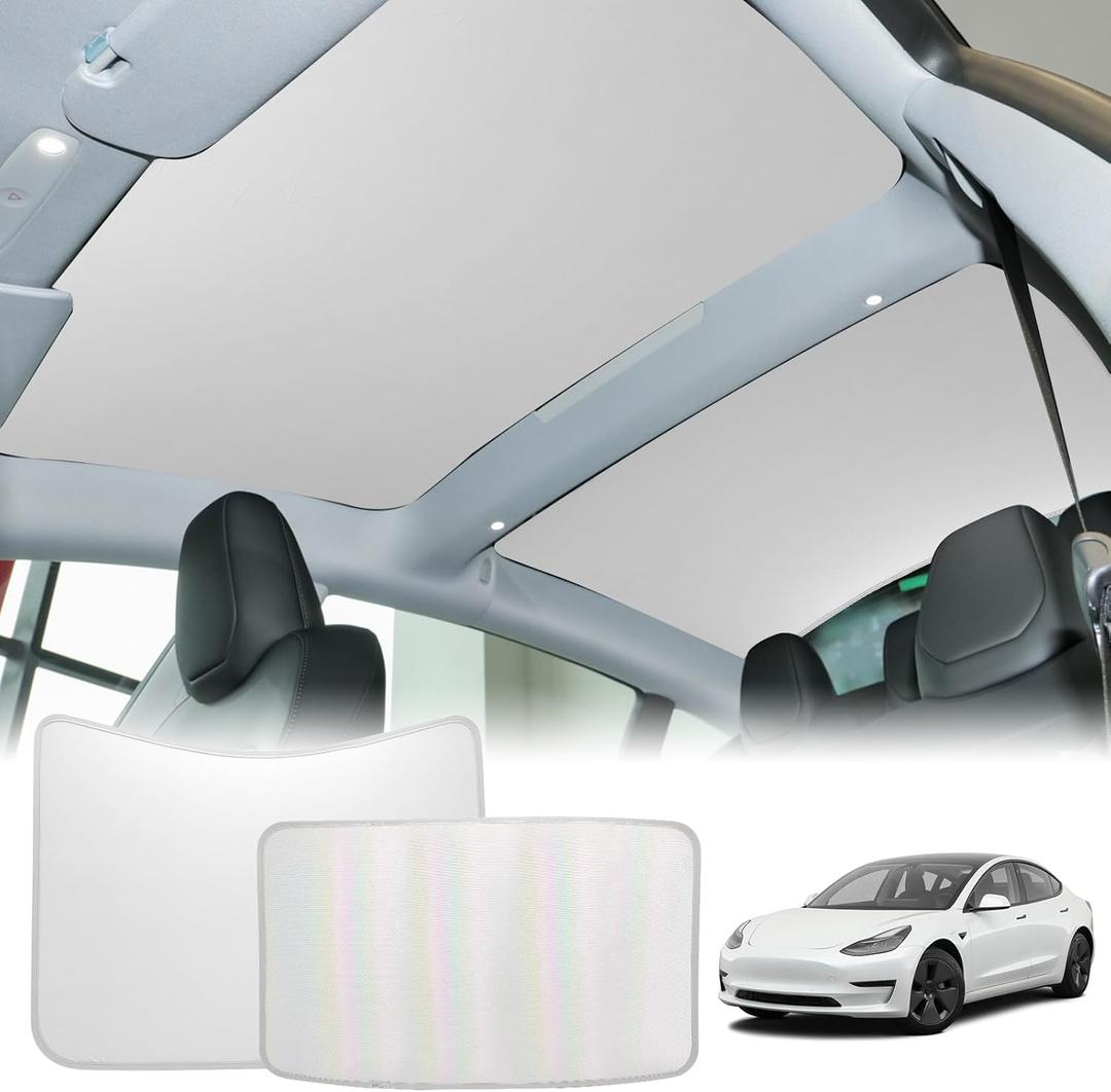 ROCCS Sunshade Roof for Tesla Model 3 2023-2021 Colorful Ice Crystal Glass Roof Sunshade Sunroof No-Sag Design Retractable Sunshade Heat Insulation Roof Window Sun Protection Snap Foldable (White)