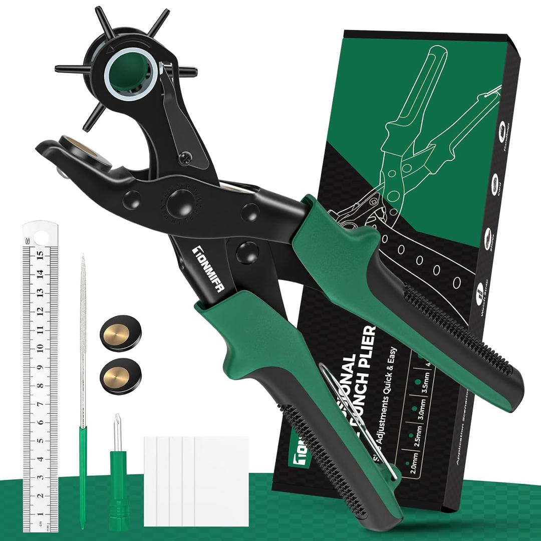 Professional Leather Hole Punch Plier - Tonmifr Heavy Duty 6 Sizes Belt & Watch Band Hole Puncher Tool, Leather Craft Tool for Belts, Handbags, Straps, Cardboard, Precision Ground Punches with Non-Sli