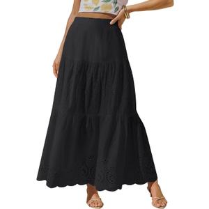 Aoudery Maxi Skirts for Women Flowy Boho Casual Long Skirt Western Crochet Cotton High Waisted Ruffle Tiered Fall Outfit (Black)