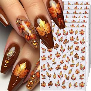 3 x 7Pcs Fall Nail Art Stickers - Glitter Yellow Maple Leaves Gel Sticker for Autumn 3D Decoration - Bling Gold Decals With Tree Leaf Designs - DIY Art Decoration