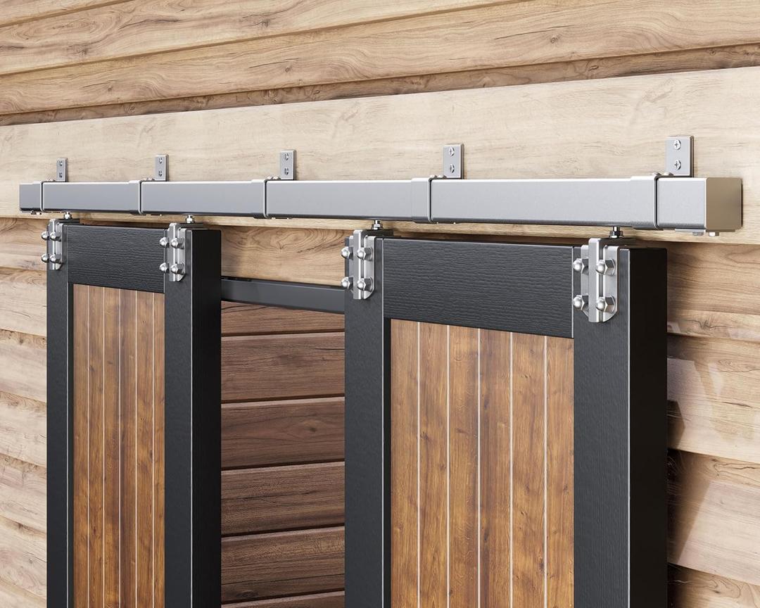 Easelife 8FT Exterior Sliding Barn Door Hardware Kit, Box Rail Track, 450lb Capacity, Sliver Weather-Resistant Steel, Wall Mount System for Outdoor Use, Fit Double 24in Door