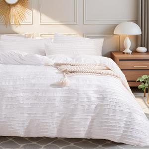 NEXHOME PRO Duvet Cover Queen Size, White 3 Pieces Boho Tufted Duvet Cover Set, Soft and Lightweight Microfiber Comforter Cover Set for All Season (White Queen, 90 x 90)-No Comforter