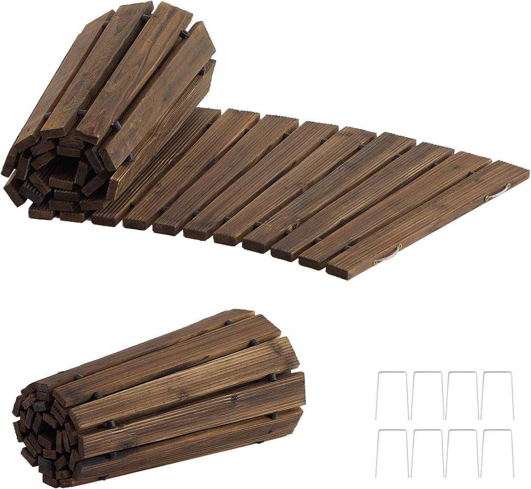 Wooden Garden Pathway,Wooden Walkway with Non-Slip Surface, Roll Out Wooden Pathway Weather-Resistant Walkway for Outdoor Patios Wedding Party Pathways (Carbonized, 6FT-Curved)