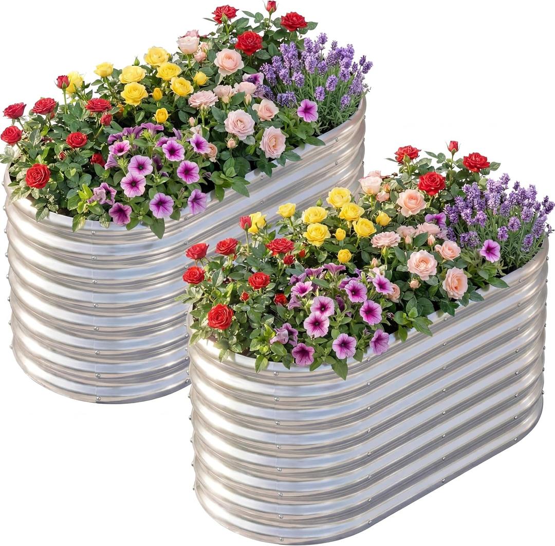 AHEONLAR 2 Pack 4×2×2ft Galvanized Raised Garden Bed Outdoor,Oval Sturdy and Durable Planter Boxes for Vegetables, Fruits, Flowers and Plants, Easy Assembly, Silver