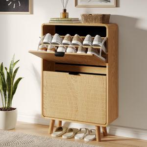 3imothrix Fluted Shoe Storage Cabinet for Entryway with 2 Flip Drawers, Oak