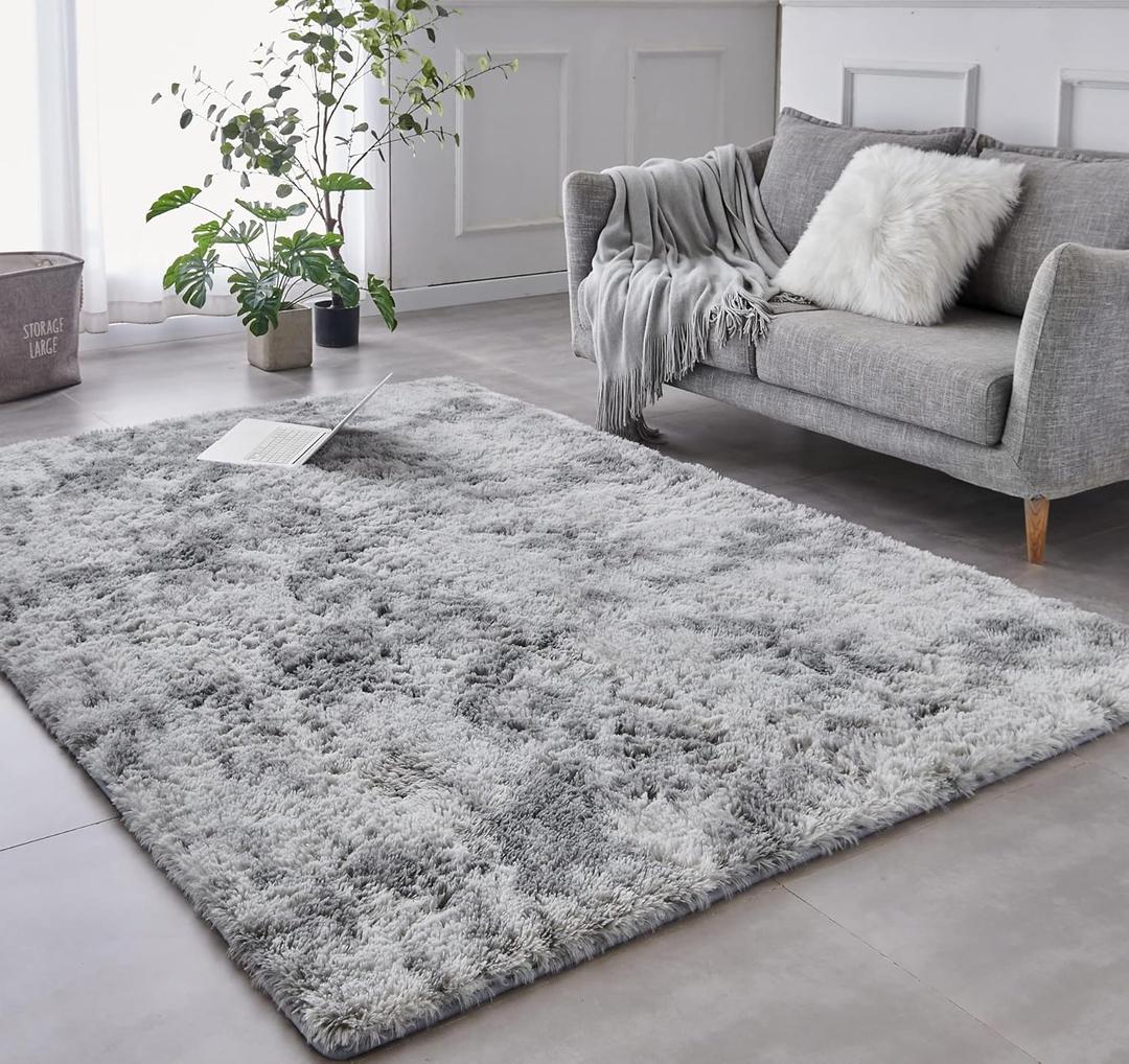 TABAYON Indoor Modern Soft 7x10 Shag Area Rugs, Non-Slip Plush Nursery Accent Area Rug, Furry Faux Fur Shaggy Carpet for Living Room Home Decor Tie-Dyed Light Grey