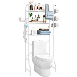 Over The Toilet Storage Metal 3 Tier Bathroom Organizer Shelf with Paper Holder Easy to Assemble & Space Saving (White)