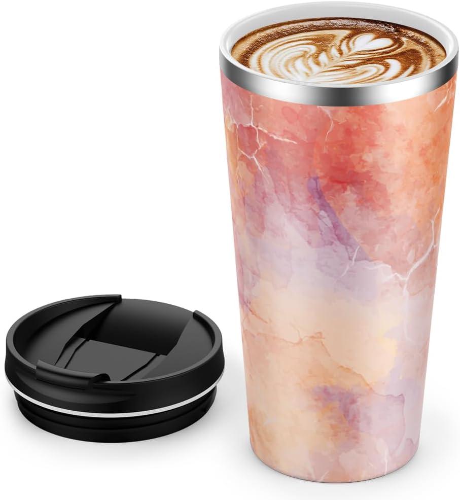 Insulated Coffee Mug with Ceramic Coating, 18oz Travel Mug with Leak-proof Lid, Vacuum Double-wall Tumbler, Stainless Steel Thermal Cup for Tea, Hot Cocoa, Cold Beverage, Ice Drinks (White-orange.granite)