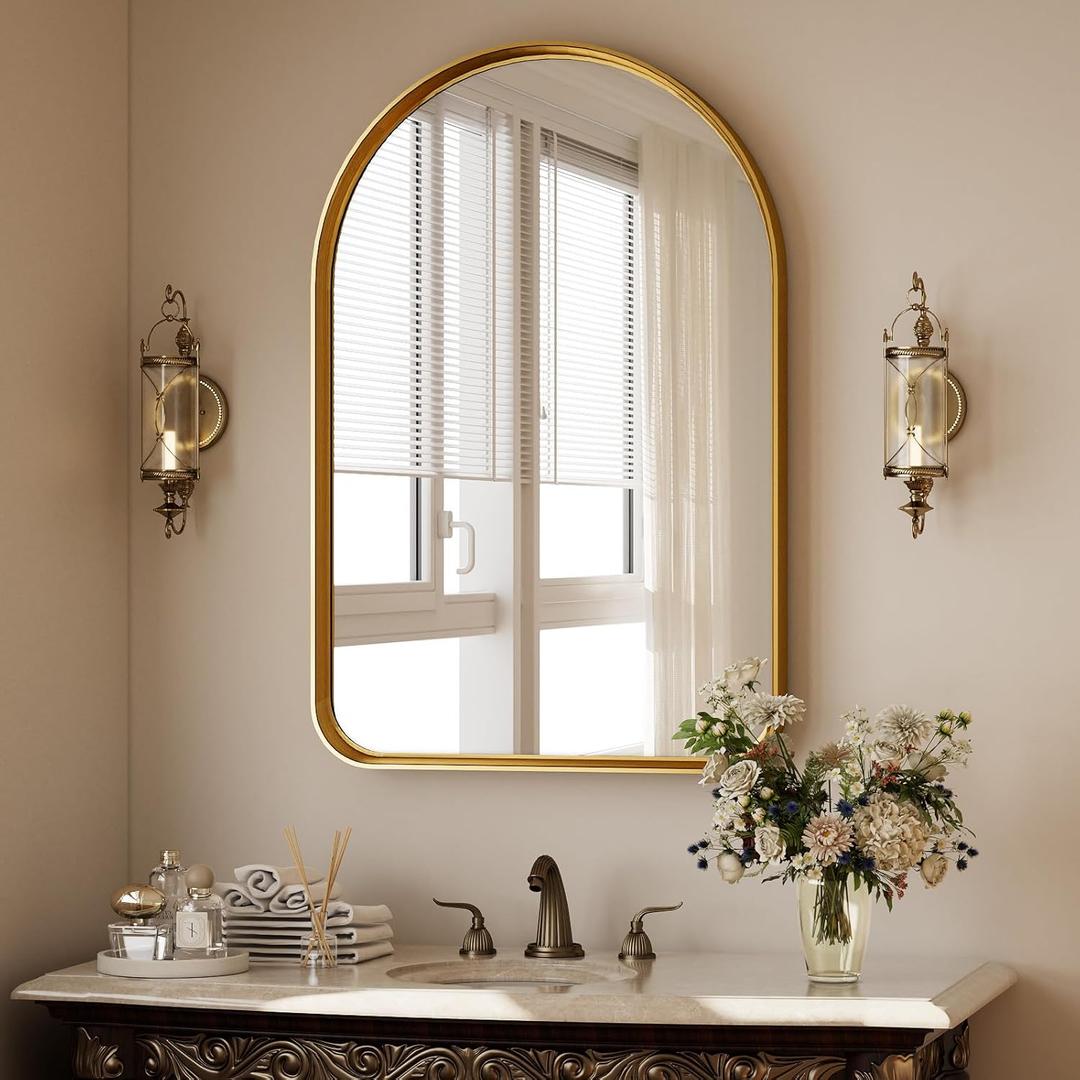 Arched Bathroom Mirror - 36x24 Inch Gold Bathroom Mirror for Wall - Aluminum Alloy Framed Mirror - Arched Top Bathroom Vanity Mirror for Living Room, Bedroom, Mantel, Entryway, and Hallways