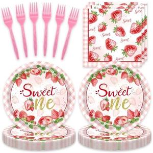 JASMPARTY 48Pcs Strawberry Birthday Party Decorations Plates Napkins Forks Berry First Birthday Decorations Set for 16 Guests