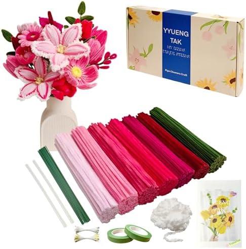 YYUENG TAK 350 Pcs Red & Pink Pipe Cleaners Flower kit with tutoria,Fluffy Yarn,Green Floral Wires,Gardening Tape,Stamen，Pipe Cleaners Craft,Chenille Stems for DIY Art Projects Creative Gift Decor