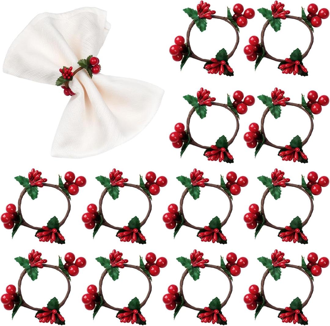 Napkin Rings Set of 12, Christmas Napkin Ring Serviette Holders Handmade Red Berry Table Decorations for Wedding Christmas Thanksgiving New Year Valentine's Banquet Birthday Party