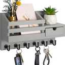 FifthQuarter Key and Mail Holder for Wall, Mail Organizer Wall Mount with 6 Hooks and Storage Drawer, Easy Installation Key Rack for Entryway and Home Decor (A-Grey)