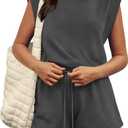 OFEEFAN Rompers for Women Summer Cap Sleeve Adjustable Drawstring Waistband Crewneck Casual Outfits with Pockets (X-Large, 0-dark Grey)