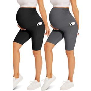 Fotociti Maternity Shorts with Pockets Over The Belly,8" Pregnancy Biker Yoga Active Workout (Small, Black+grey)