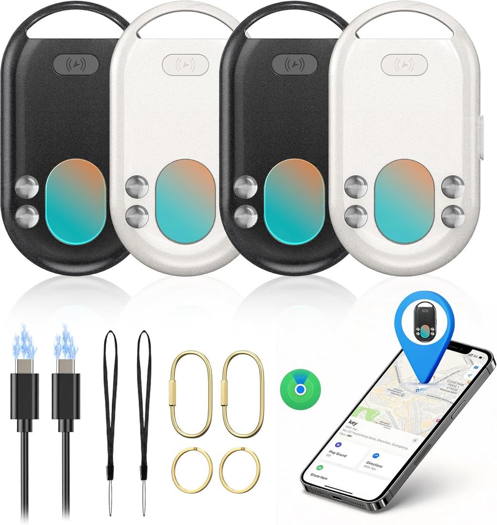 TECKNET [MFi Certified] Air Tracker Tags for iPhone, 3-in-1 Rechargeable Bluetooth Tracker 4 Pack (iOS Only), Find My Tracker with 100dB Alarm & IR Lens Finder, Item Locator for Keys Luggage Wallet (Black and White)