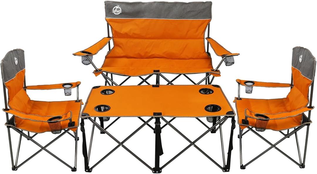 Northroad Folding Camping Chair Set of 4, Portable Collapsible Conversation Set w/1 Sofa, 2 Single Chairs, 1 Table for Family Patio, Outdoor Travel, Beach(Orange), Onesize