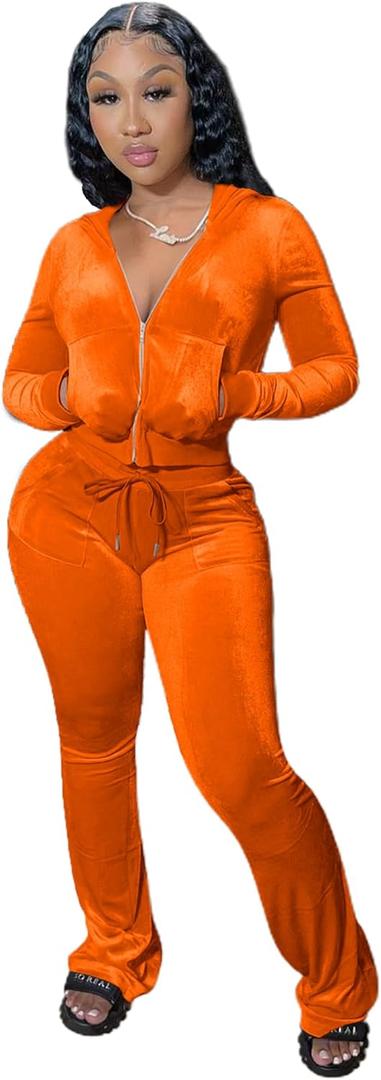 yidengymx Womens 2 Piece Velour Tracksuit Two Piece Outfits for Women Long Sleeve Zip Up Crop Tops Sweatpants Sets Pockets, Medium