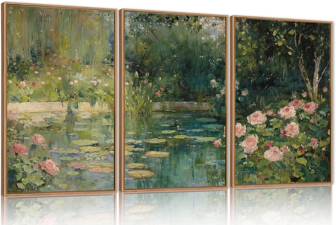 FWIEXA Monet Floral Framed Canvas Wall Art Set, Impressionist Botanical Garden Wall Decor, Vintage Ponds Tree Plant Artwork, Nature Landscape Prints for Living Room, Bedroom - Size 16"x24"x3 (Oil Painting Garden)