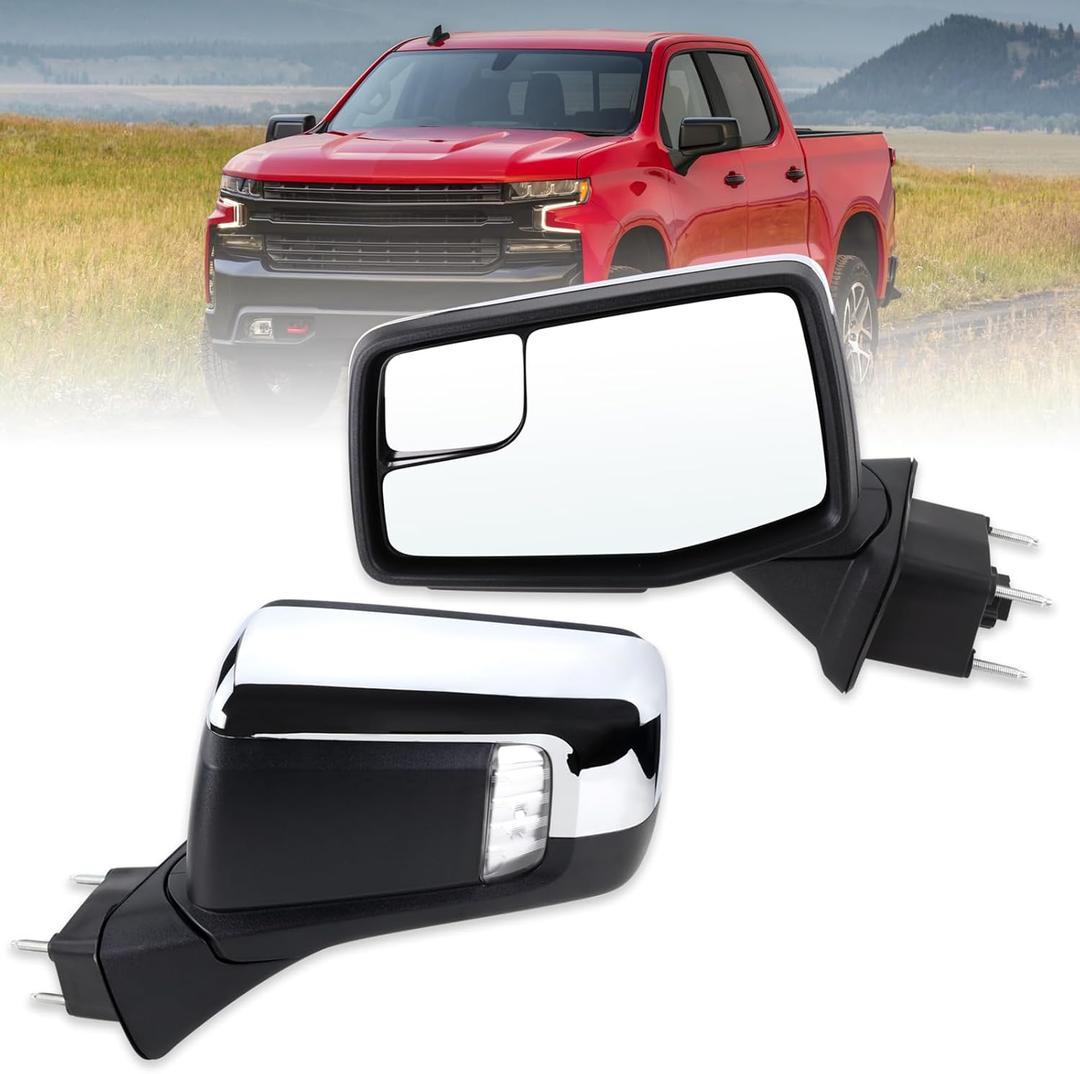 Left Driver Side Mirror Compatible With 2019-2024 Chevy Silverado 1500 With Power Glass Power Folding Heated Turn Signal Puddle Lights Mirror Memory Chrome Replace#84309683(13Pins)