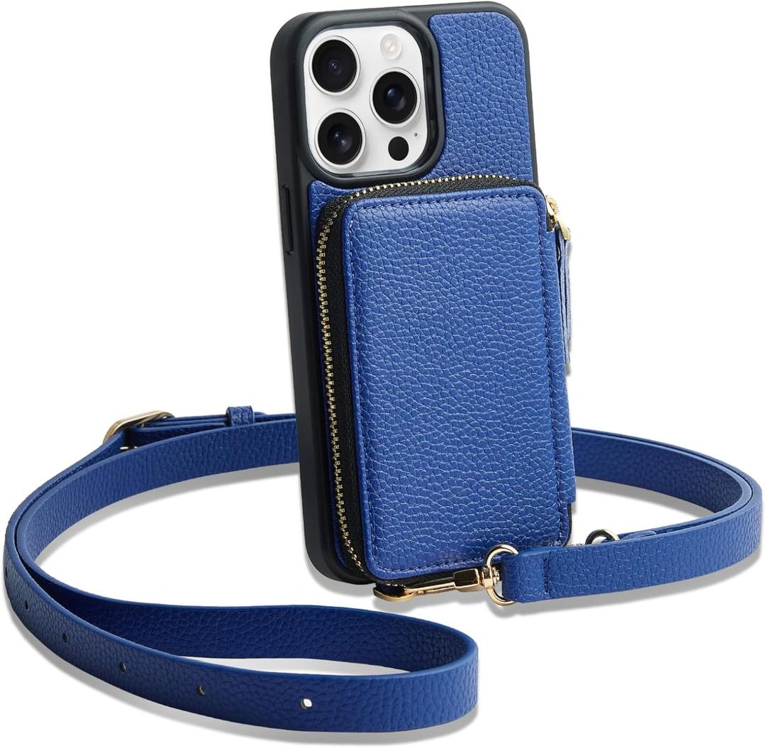 ZVE for iPhone 13 Pro Wallet Case Crossbody, Zipper Phone Case with RFID Blocking Card Holder Wrist Strap Purse Cover for Women Compatible with iPhone 13 Pro (6.1 inch, 2021)- Navy Blue