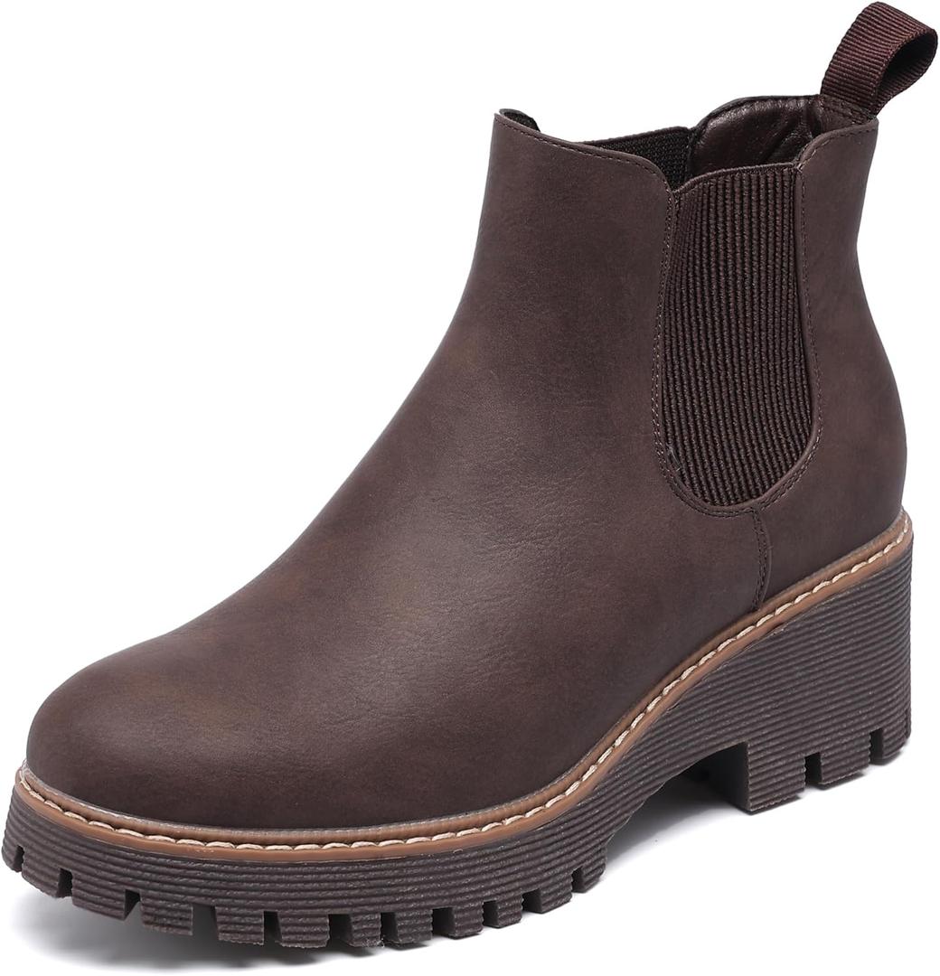 DECARSDZ Womens Chunky Platform Chelsea Boot With Elastic Low Wedge Heel Slip On For Fall Work Suede Leather Classic Style Ankle Boots Women (6, Brown)