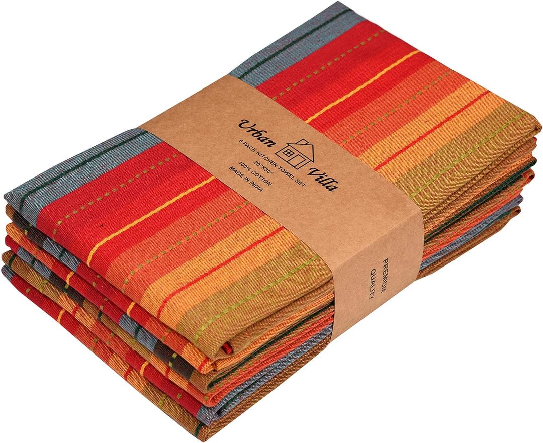 Urban Villa Kitchen Towels Cuisine Stripes Premium Quality 100% Cotton Dish Towels Mitered Corners Ultra Soft (Size: 20X30 Inch) Red Multi Highly Absorbent Bar Towels & Tea Towels - (Set of 6)