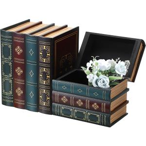 2 Pack Decorative Book Boxes, Wooden Vintage Book Shaped Trinket Box with Lid, Faux Stacked Hollow Books with Hidden Storage, Antique Container for Table Centerpiece, Bookshelf, Library Decor