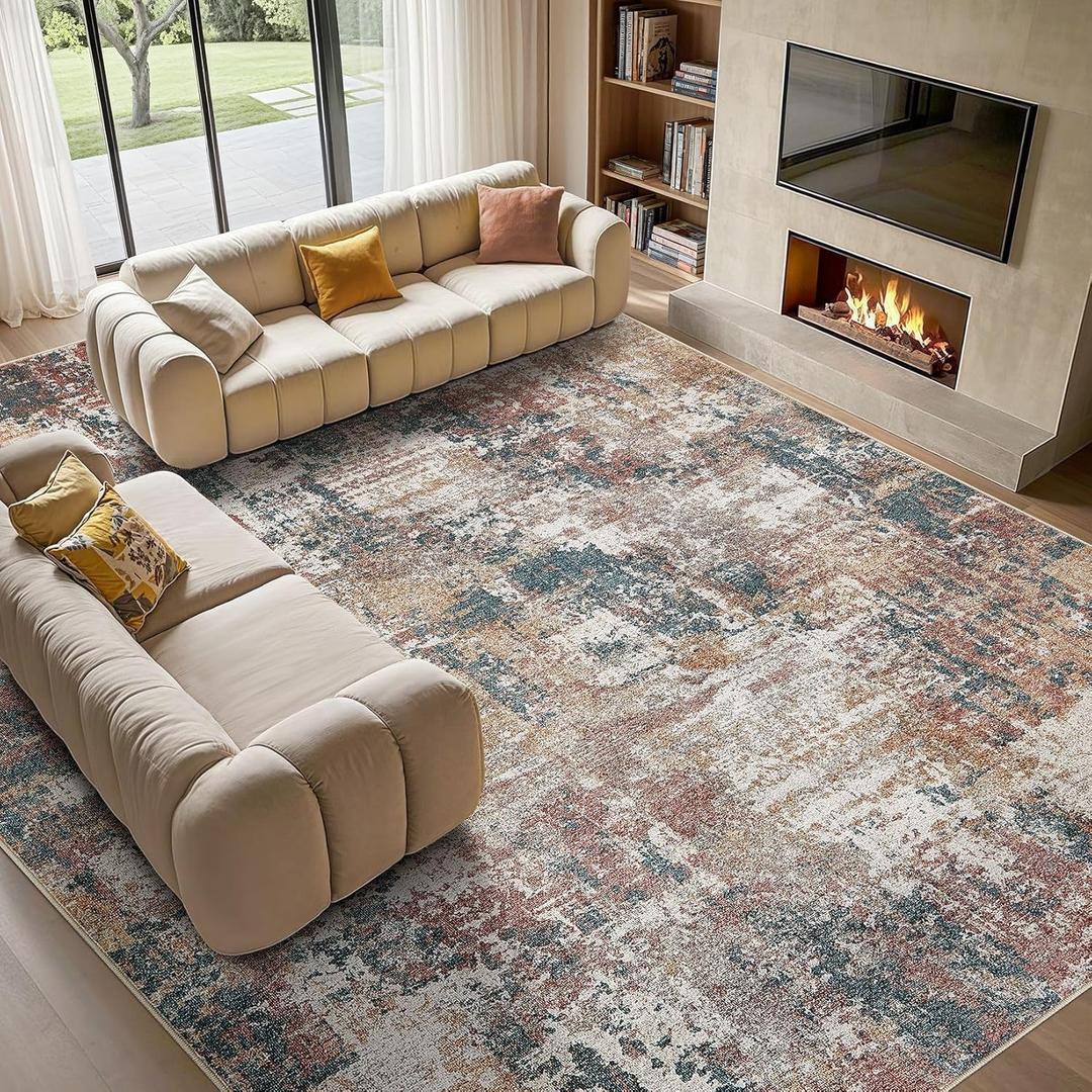Tortania Washable 12x15 Area Rug for Living Room: Modern Abstract Neutral Large Soft Thin Rugs - Non Slip Indoor Carpet for Bedroom Dining Room Office Nursery Home Floor Decoration - Colorful Multi