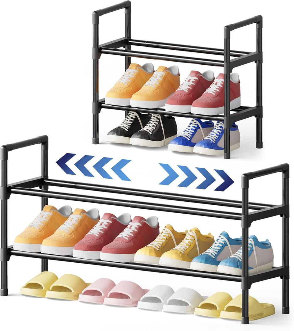 Kitsure Shoe Rack for Closet - Expandable Shoe Rack for Entrance, Rustproof Shoe Organizer for Entryway with Portable Handles, Black, 17.3~30.2L x 16.3H