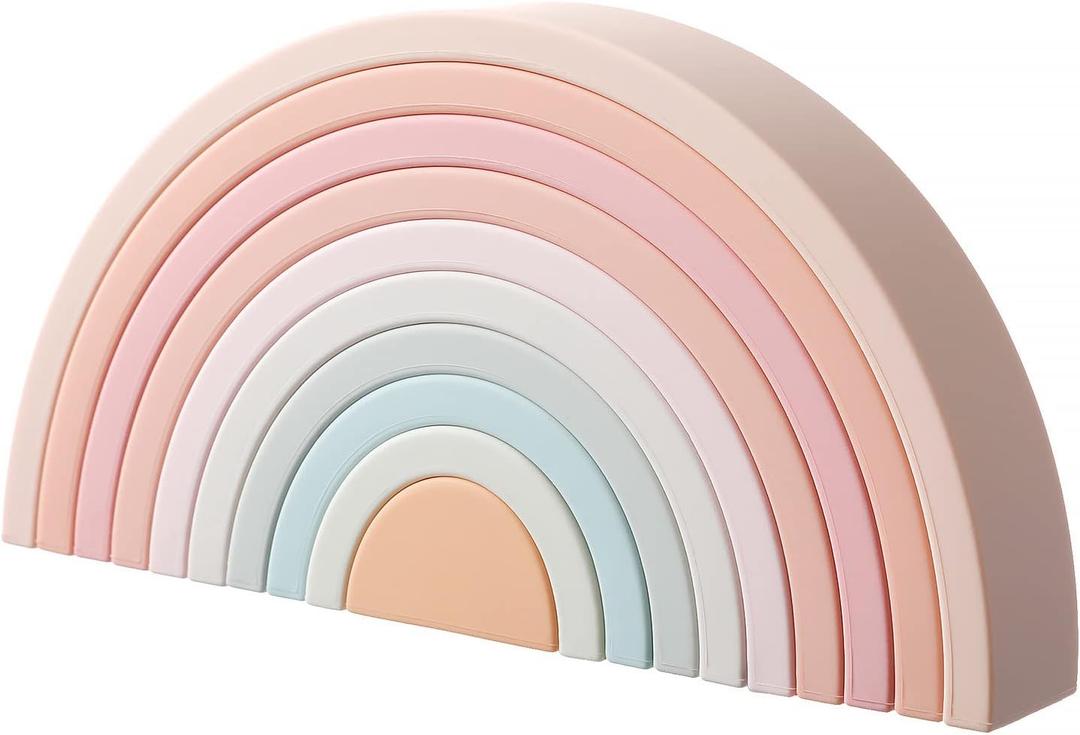 MCGMITT Rainbow Stacking Toy, Silicone Rainbow Stacker for Toddlers, Montessori Nesting Blocks, Building Creative Color Shape Matching Toy Set, 10 Layers (Pink)