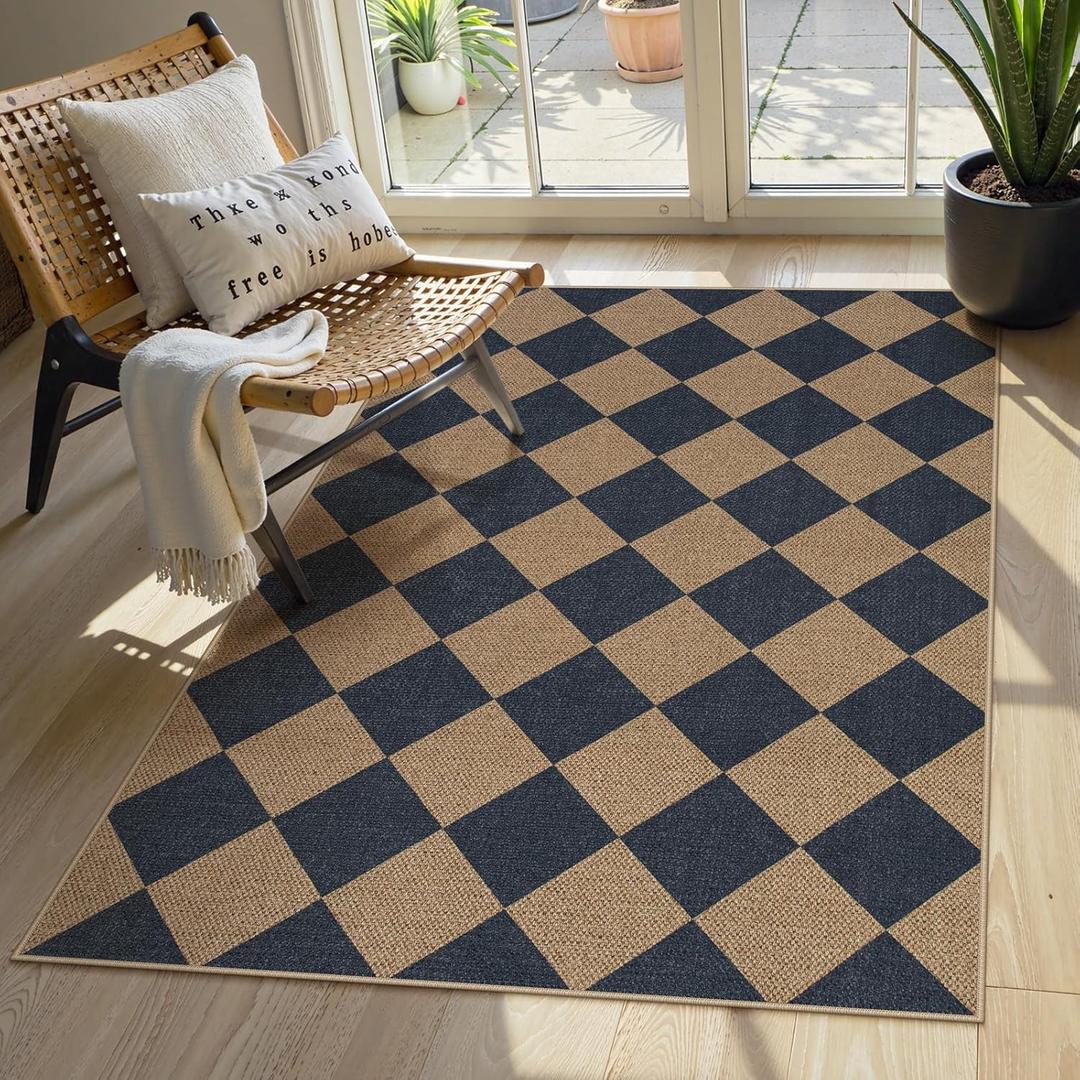 Lahome Checkered Easy Jute Entryway Rug, 3x5 Washable Area Rugs for Living Room Outdoor Patio, Non Slip Blue Indoor Door Mat Checkerboard Throw Carpet for Entry Front Door Guestroom Deck