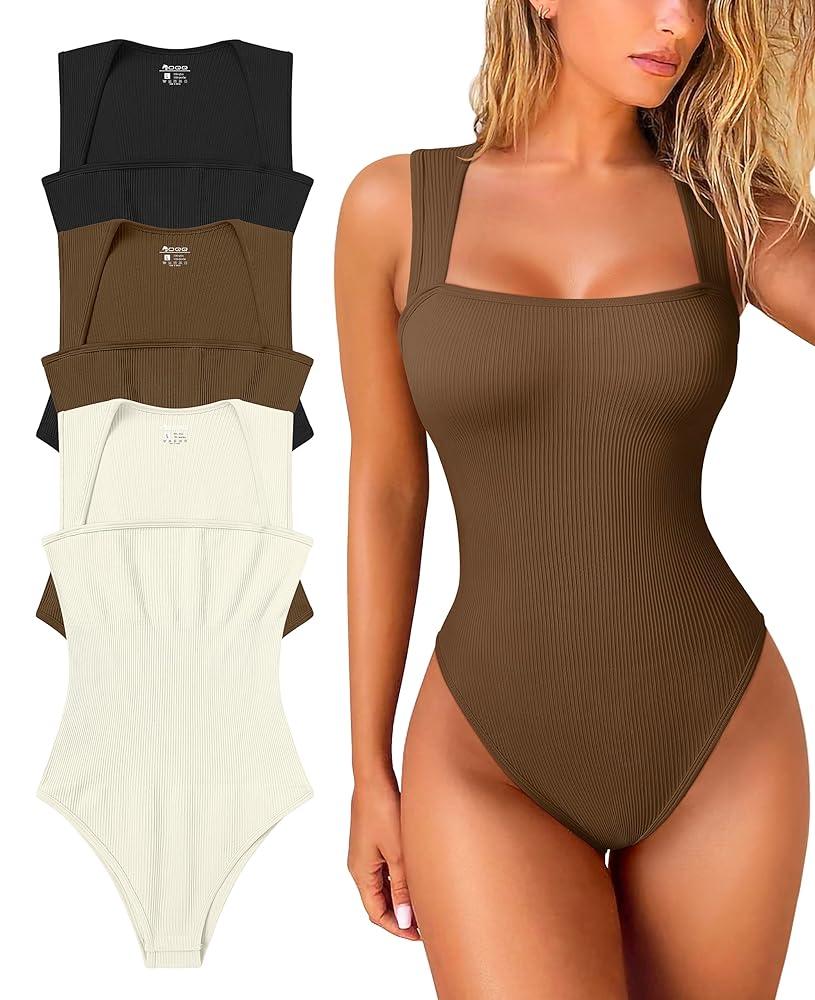 OQQ Women's 3 Piece Bodysuits Sexy Ribbed Strappy Square Neck Sleeveless Tummy Control Tank Tops Bodysuits S