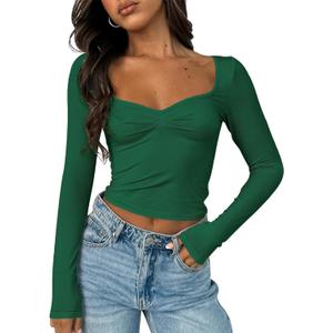 TiulZial Women's Long Sleeve Going Out Crop Top Sexy Pleated Trendy Shirt Sweetheart Neck Y2K Ruched Cropped Tops (Medium, Dark Green)