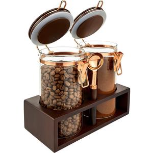 Glass Coffee Container with Wooden Shelf, 2 x 40 FLOZ Coffee Bean Storage with Sealed Closure Clips and Copper Spoon, Kitchen Large Capacity Food Storage Jar, Ground Coffee Container