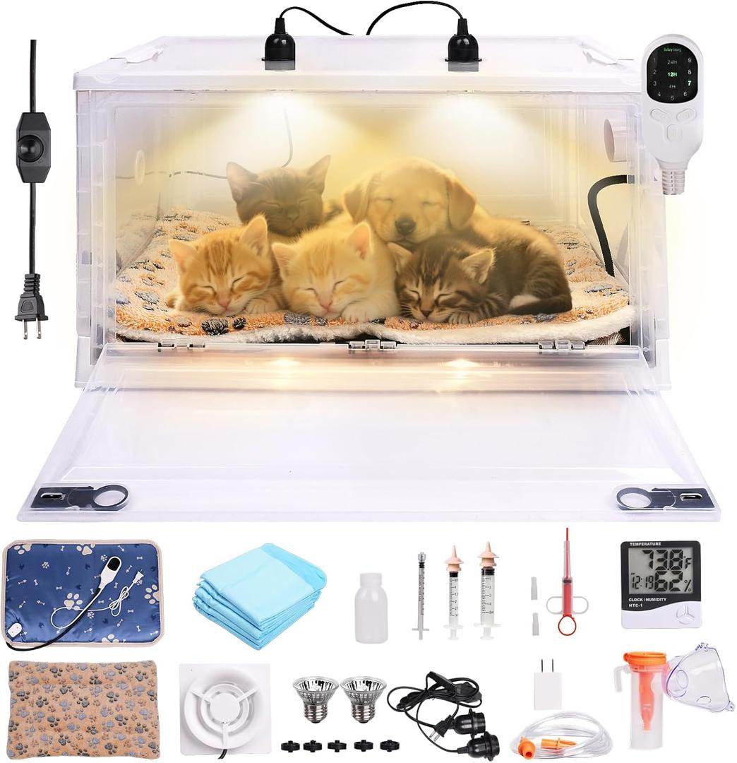 Puppy Incub/ator with Heating and Temperature Control, Incub/ator Equipped with Adjustable Heating Mat, 3-Speed Fan Air Circulation and Humidity Detection for Newborn Puppies, Kittens