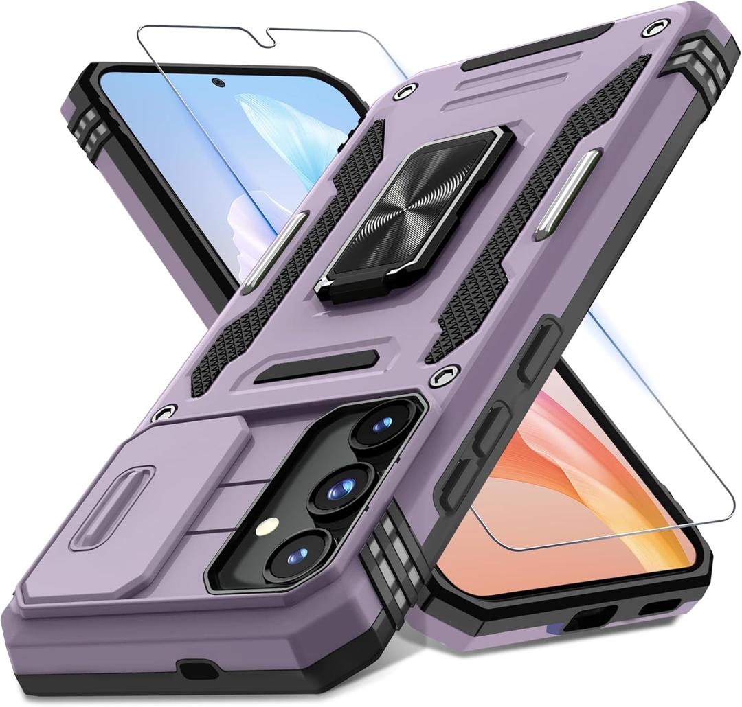 DEERLAMN Case for Samsung Galaxy S24+ Plus with Slide Camera Cover+Screen Protector (1 Pack), Rotated Ring Kickstand Military Grade Shockproof Protective Cover-Deep Purple (S24 Plus-6.7 Inch)