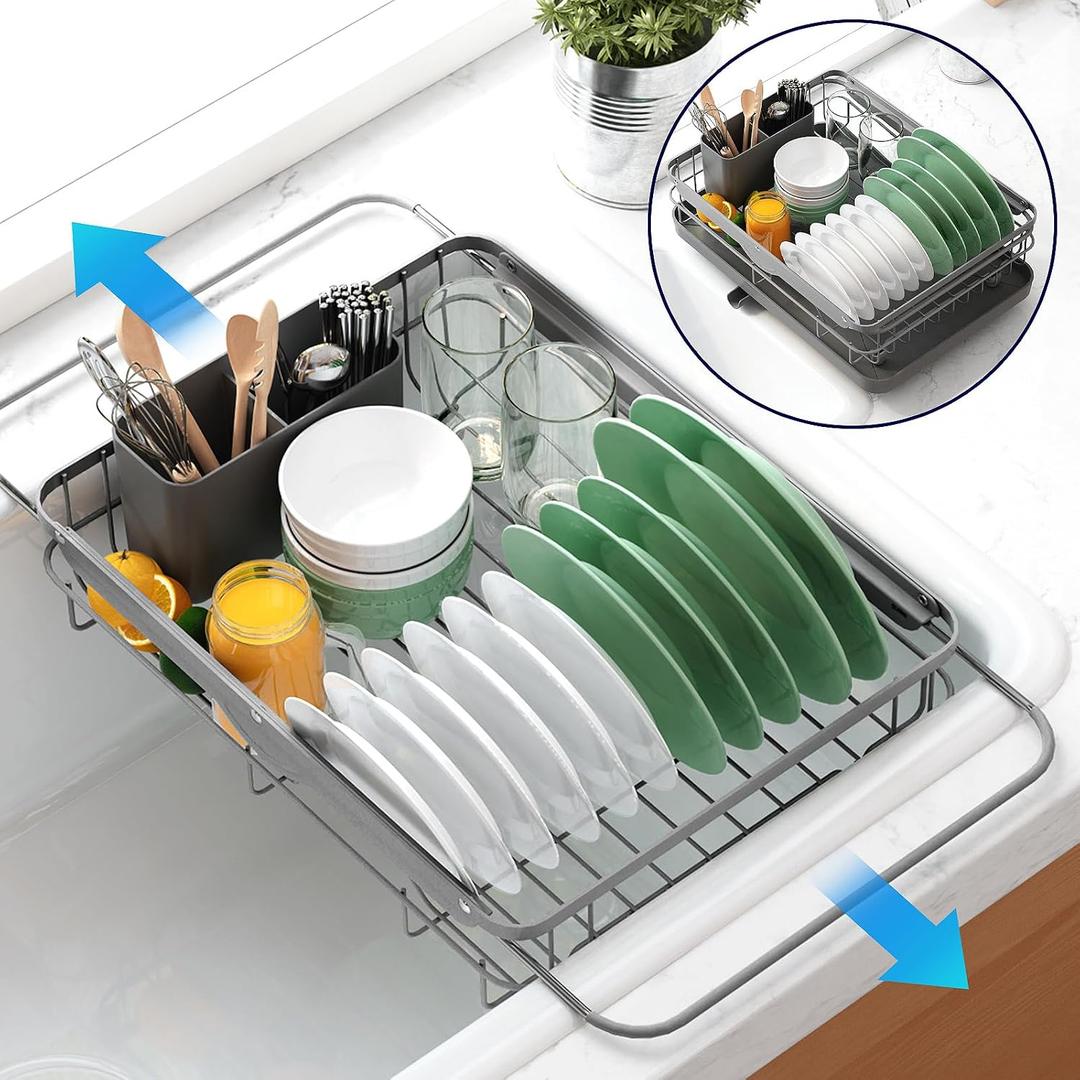 Kitsure Dish Drying Rack for Kitchen Counter, Stainless Steel Sink Organization and Storage Essentials with Cutlery Holder, Home and Appartment Decor, 12.2''W x 15.7''~23''L, Grey, 12.2''W x 15.7''~23''L - 1 Tier