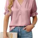 BMJL Womens Blouses Dressy Casual Satin V Neck Short Sleeve Shirts Business Casual Tops for Women (Large, Light Pink)